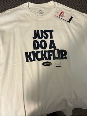 Nike White Short Sleeve Tee with Navy "Just Do a Kickflip" Graphic